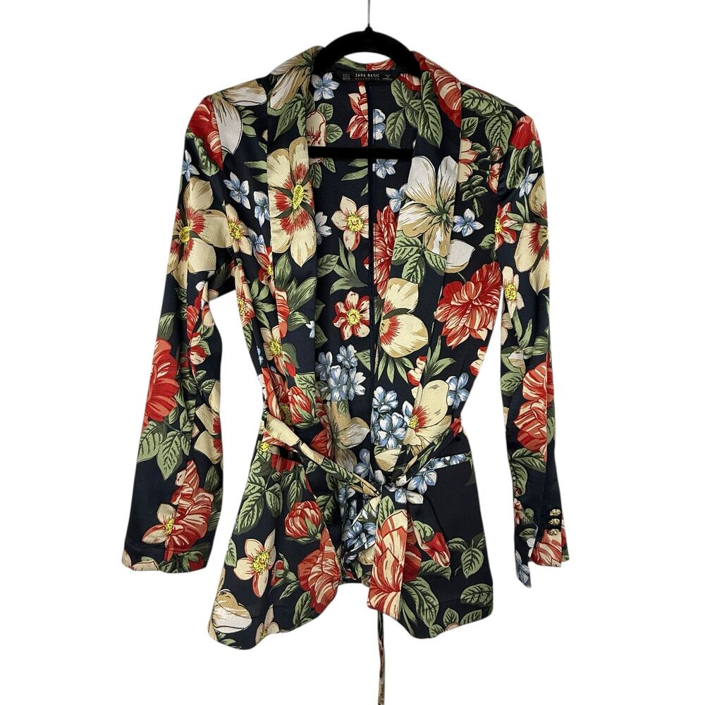 ZARA Basic Floral Print Belted Blazer Jacket Small Tropical Botanical Statement - Picture 1 of 9